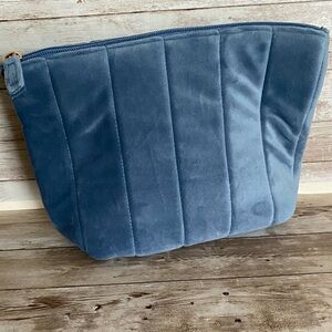 Blue Quilted Velvet Zipper Cosmetic Pouch